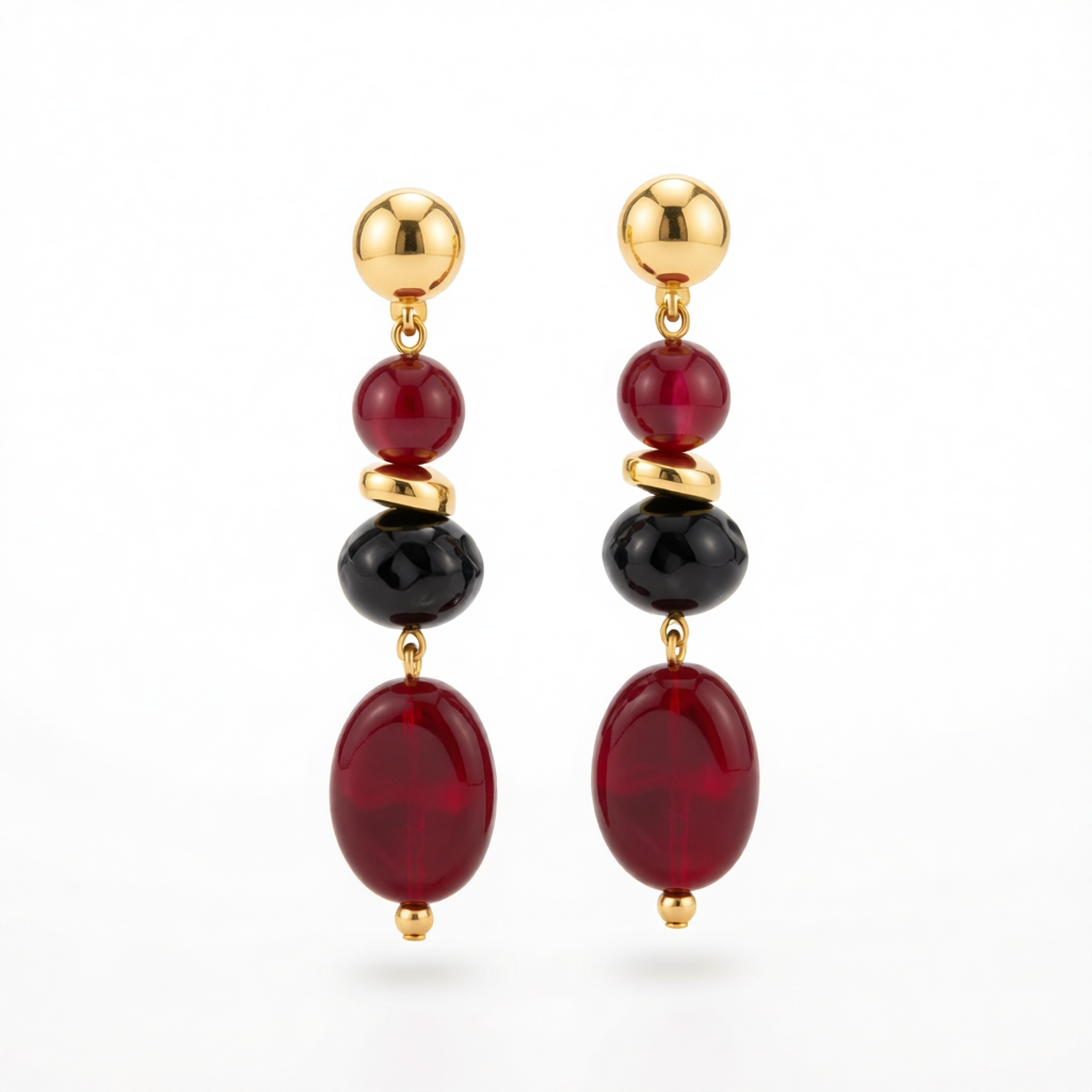 Wine Red Resin & Goldtone Tiered Irregular Beads Dangle Earrings