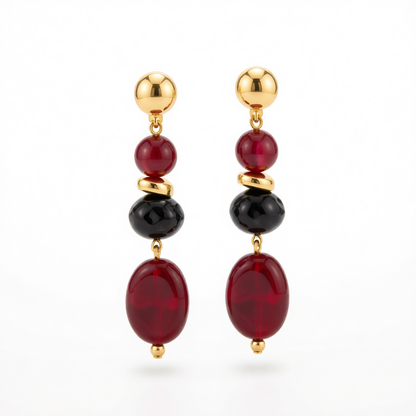Wine Red Resin & Goldtone Tiered Irregular Beads Dangle Earrings