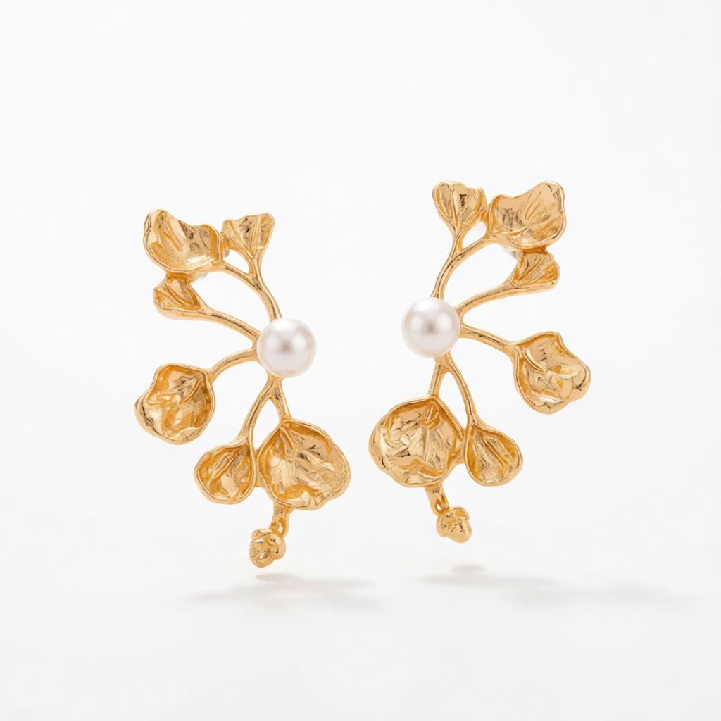 Pearl and Goldtone Plum Blossom Stud Earrings, cubic zirconia stud earrings for women, dainty minimalist design, side view