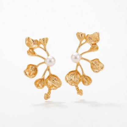 Pearl and Goldtone Plum Blossom Stud Earrings, cubic zirconia stud earrings for women, dainty minimalist design, side view