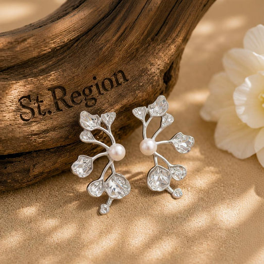 Pearl and Silvertone Plum Blossom Stud Earrings, cubic zirconia stud earrings for women, botanical inspired, front view