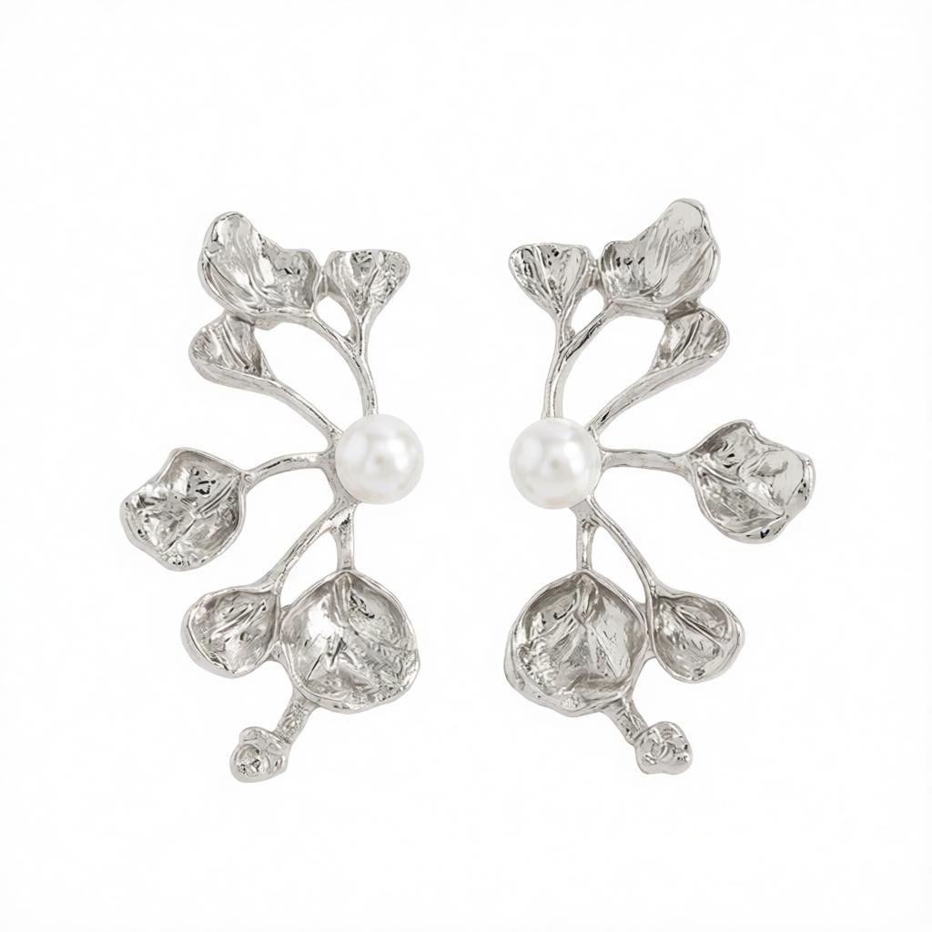 Pearl and Silvertone Plum Blossom Stud Earrings, cubic zirconia stud earrings for women, botanical inspired, side view