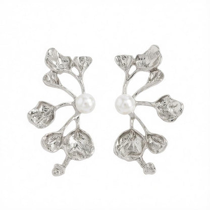 Pearl and Silvertone Plum Blossom Stud Earrings, cubic zirconia stud earrings for women, botanical inspired, side view