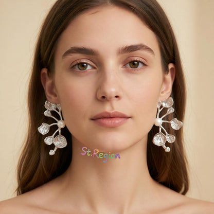 Pearl and Silvertone Plum Blossom Stud Earrings, cubic zirconia stud earrings for women, botanical inspired, styled look