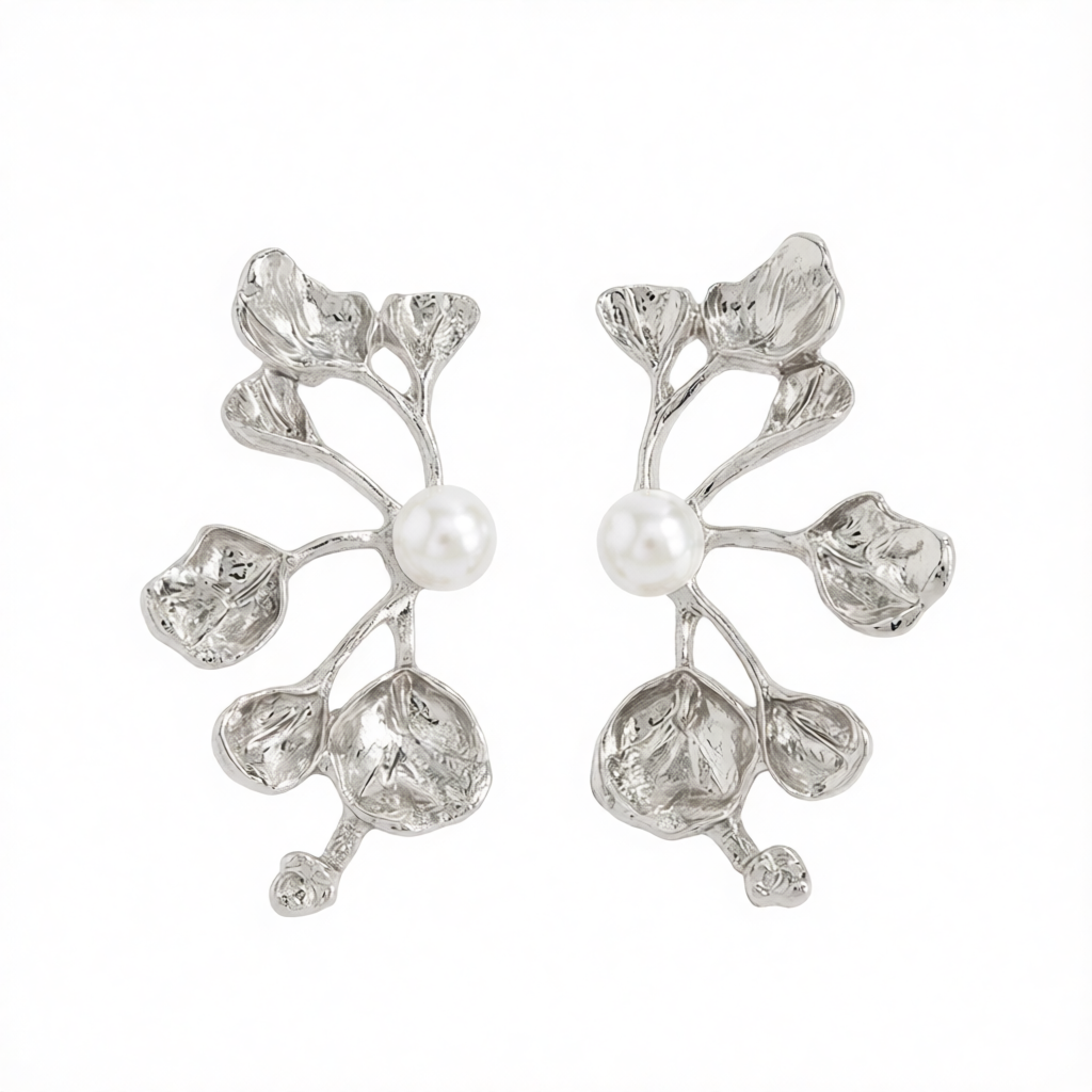 Pearl & Silvertone Plum Blossom Stud Earrings