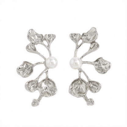 Pearl & Silvertone Plum Blossom Stud Earrings
