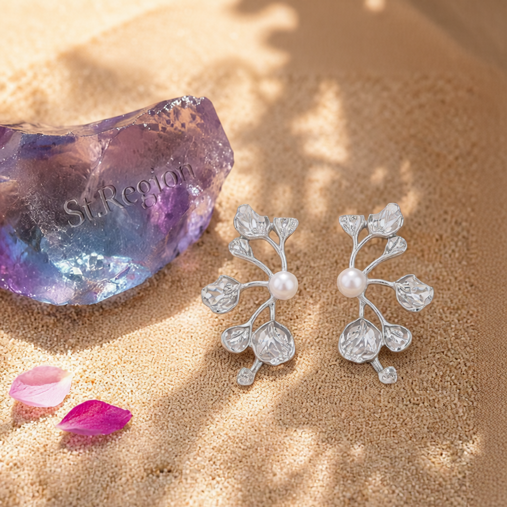 Pearl & Silvertone Plum Blossom Stud Earrings