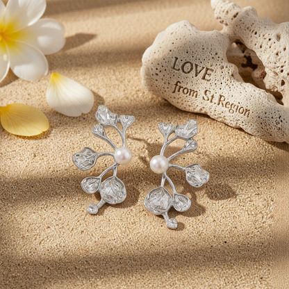 Pearl & Silvertone Plum Blossom Stud Earrings