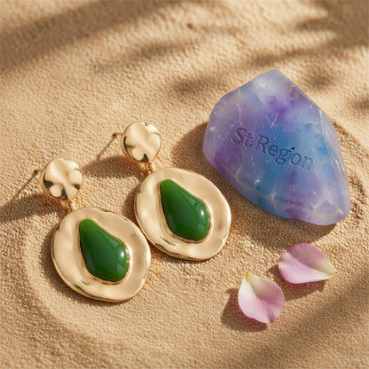 Green Resin & Goldtone Drop-Inside-Round Dangle Earrings
