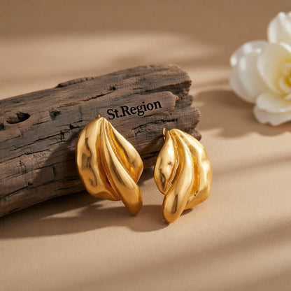 Goldtone Textured Leaf Stud Earrings, cubic zirconia stud earrings for women, everyday style, front view