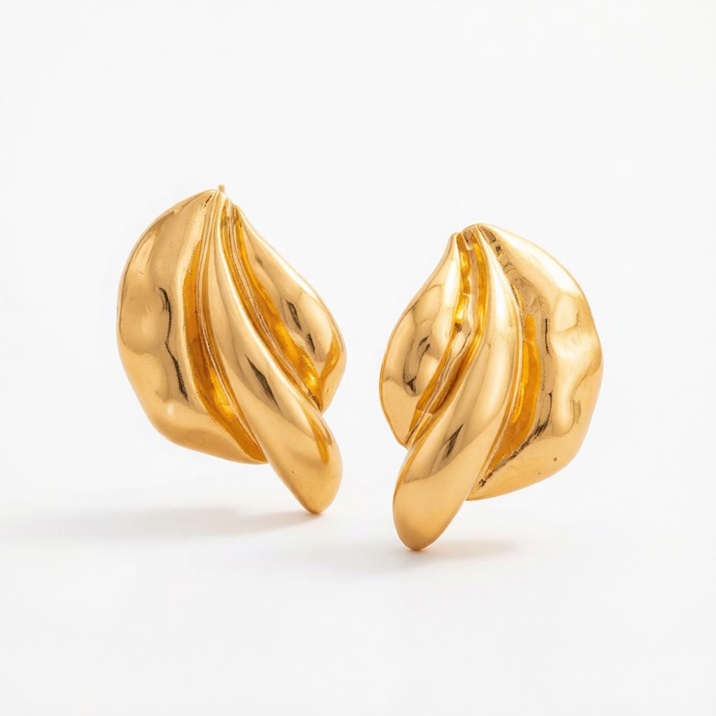 Goldtone Textured Leaf Stud Earrings, cubic zirconia stud earrings for women, everyday style, side view