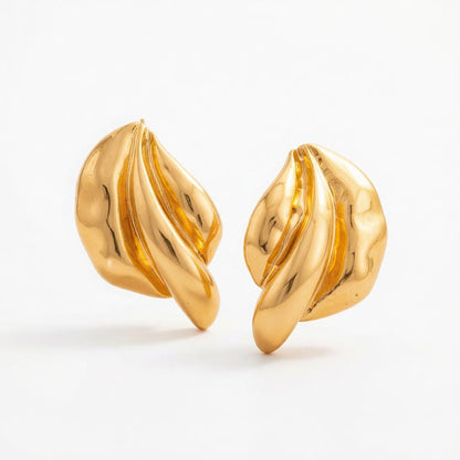 Goldtone Textured Leaf Stud Earrings, cubic zirconia stud earrings for women, everyday style, side view