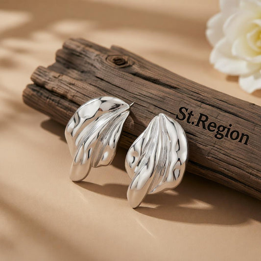 Silvertone Textured Leaf Stud Earrings, cubic zirconia stud earrings for women, elegant gift for her, front view