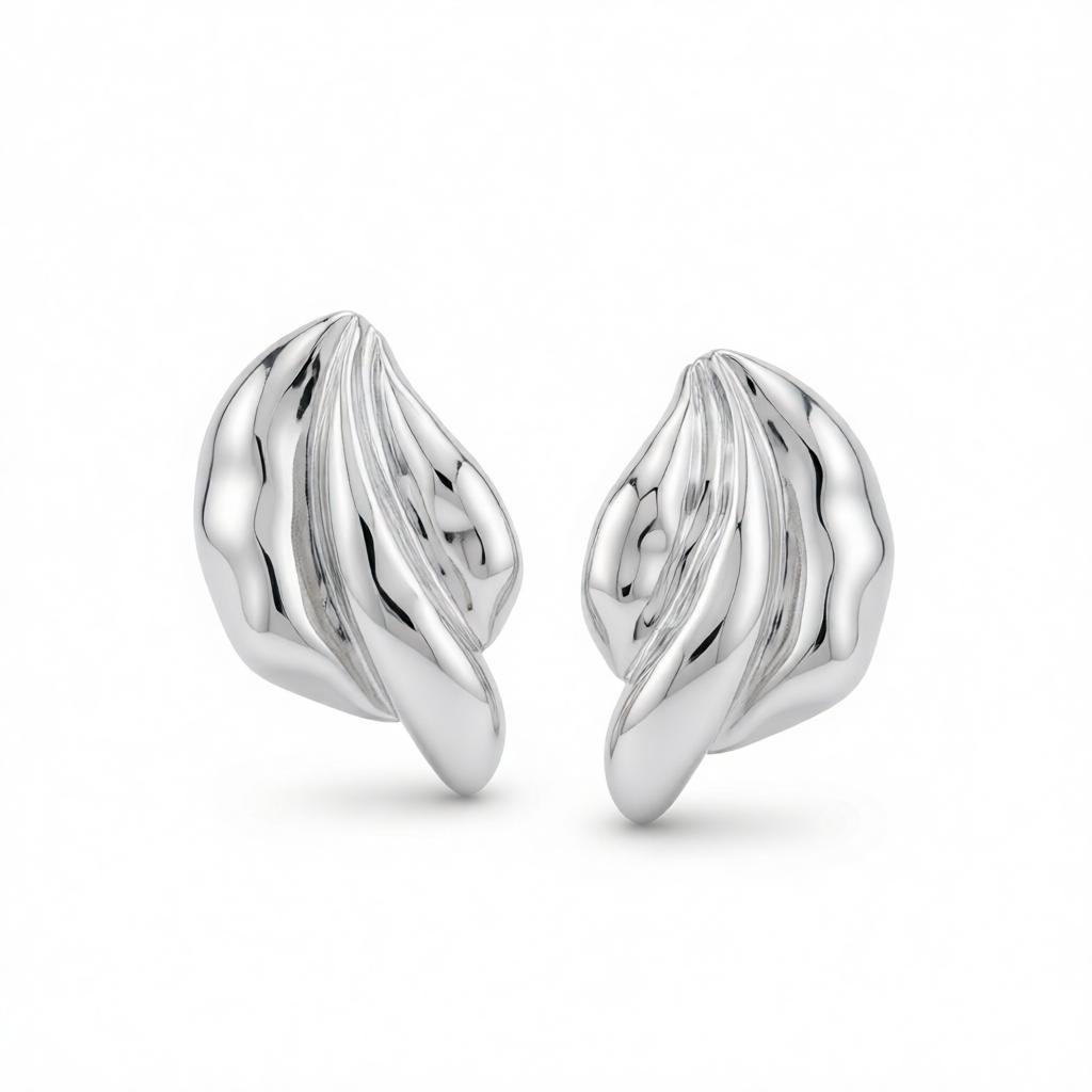 Silvertone Textured Leaf Stud Earrings, cubic zirconia stud earrings for women, elegant gift for her, side view