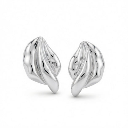 Silvertone Textured Leaf Stud Earrings, cubic zirconia stud earrings for women, elegant gift for her, side view