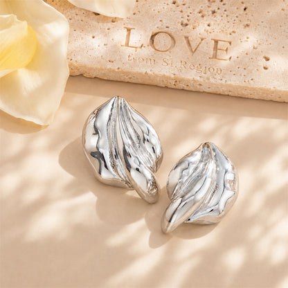 Silvertone Textured Leaf Stud Earrings