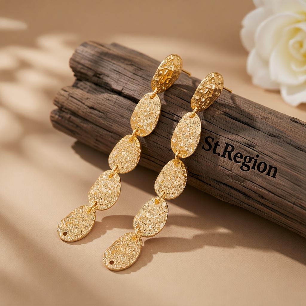 Goldtone Tiered Hammered Charm Dangle Earrings, gold drop earrings for women, botanical inspired, front view