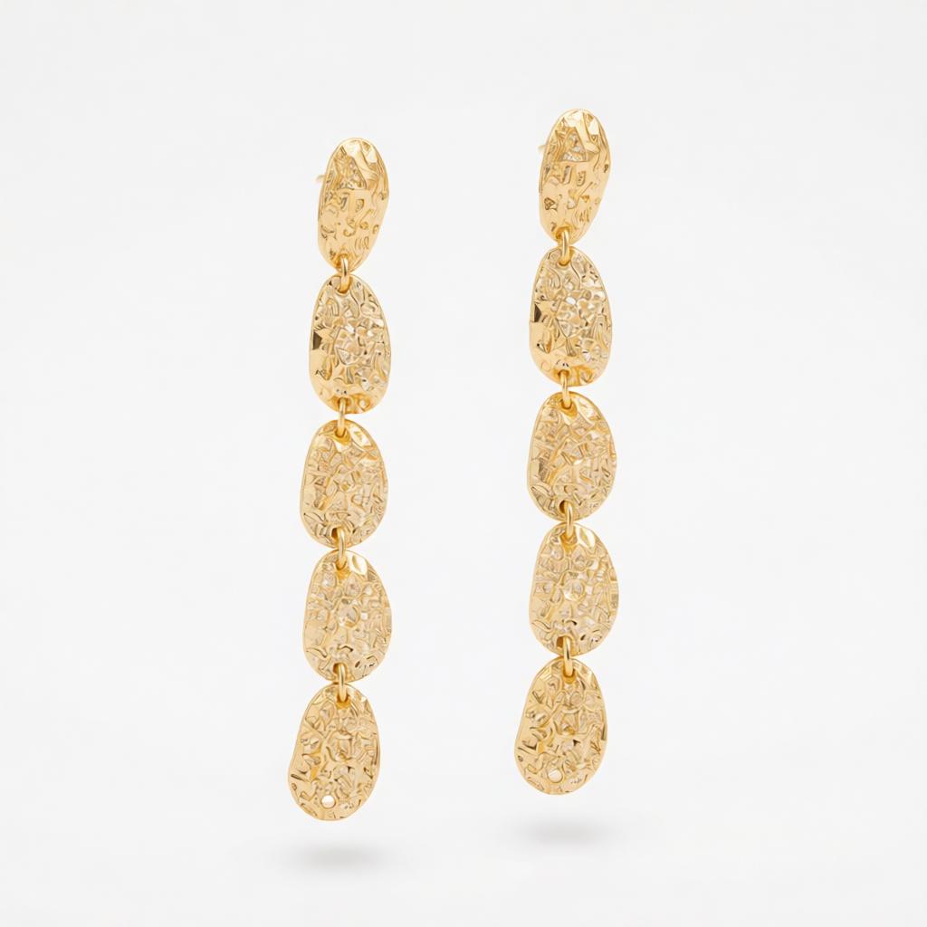 Goldtone Tiered Hammered Charm Dangle Earrings, gold drop earrings for women, botanical inspired, side view