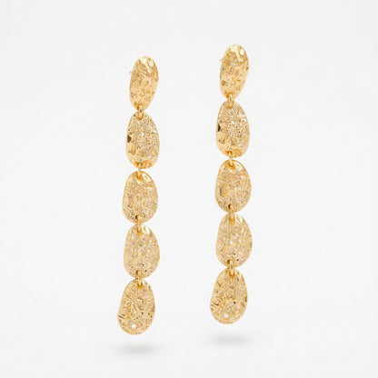 Goldtone Tiered Hammered Charm Dangle Earrings, gold drop earrings for women, botanical inspired, side view