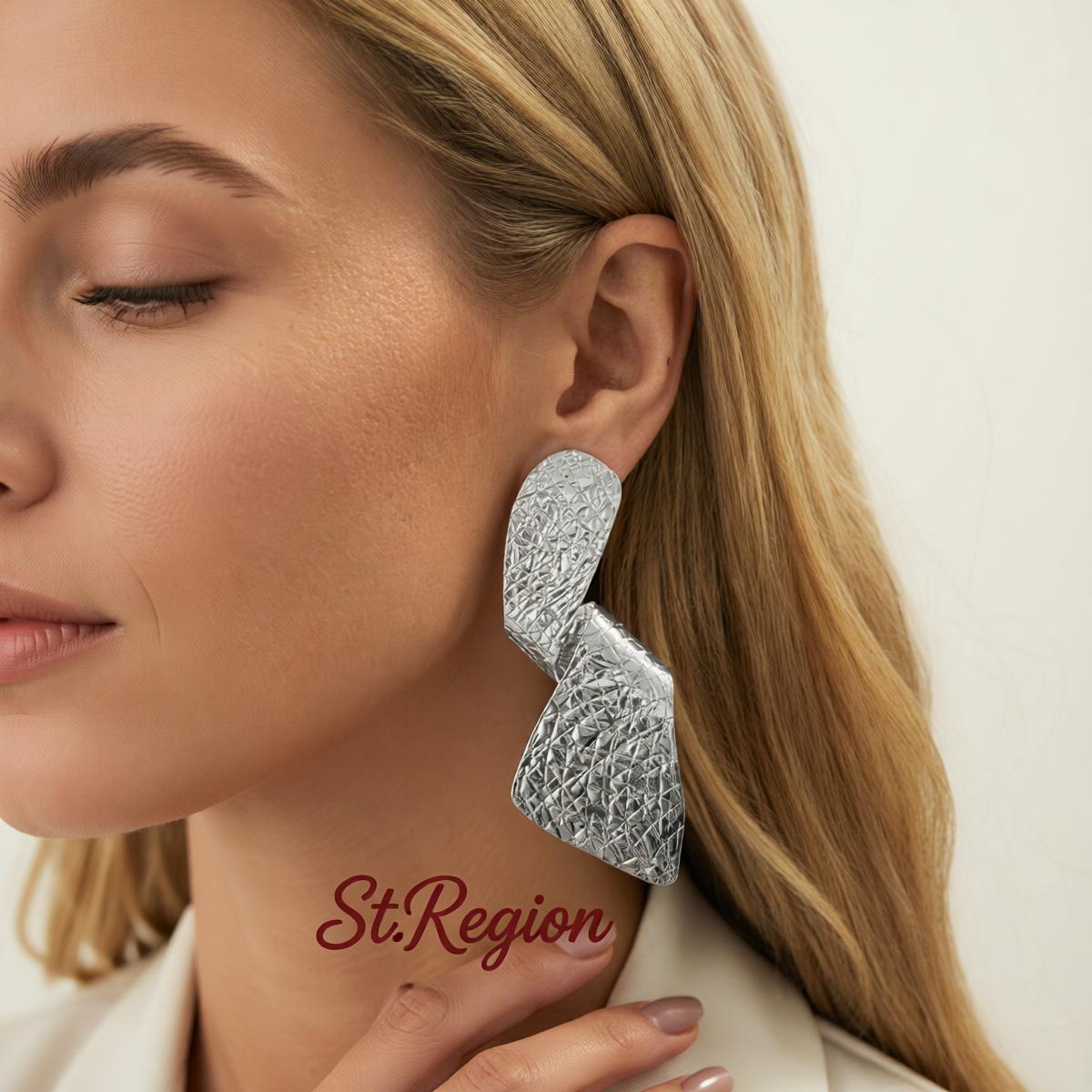 Silvertone Twisted Textured Statement Dangle Earrings, silver drop earrings for women, dainty minimalist design, styled look