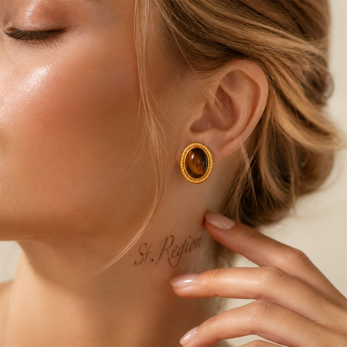 Tiger's Eye‌ & Goldtone Oval Stud Earrings