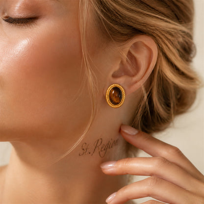 Tiger's Eye‌ & Goldtone Oval Stud Earrings