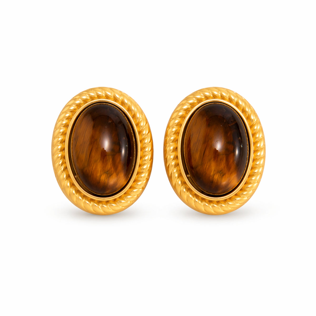 Tiger's Eye‌ & Goldtone Oval Stud Earrings