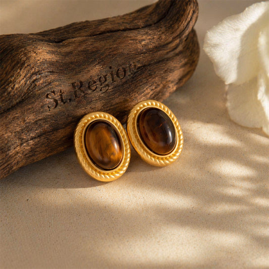 Tiger's Eye‌ & Goldtone Oval Stud Earrings