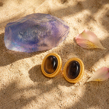 Tiger's Eye‌ & Goldtone Oval Stud Earrings