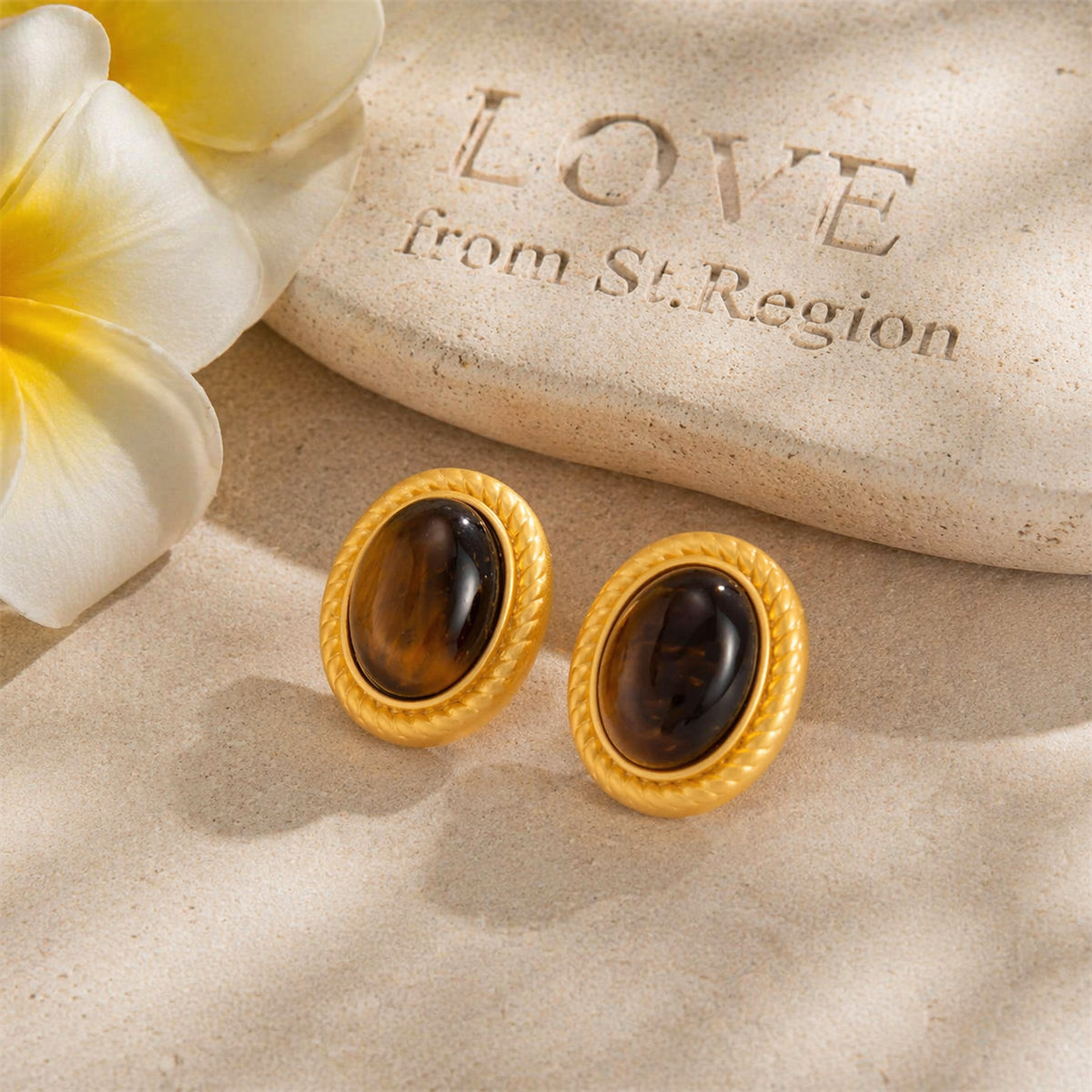 Tiger's Eye‌ & Goldtone Oval Stud Earrings