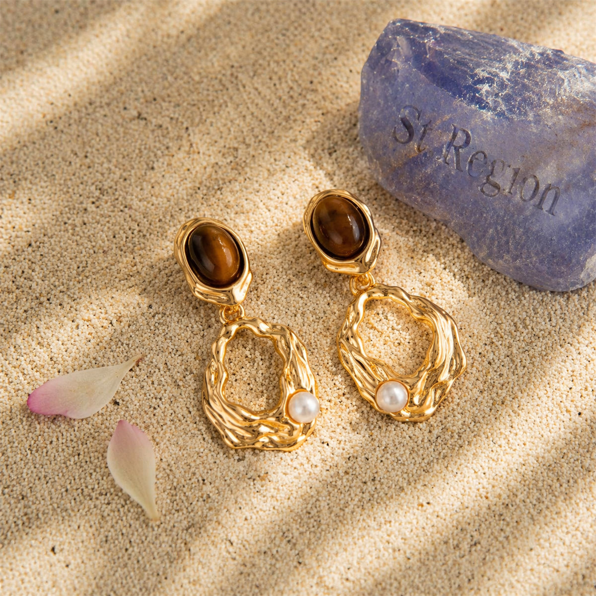 Tiger's Eye‌ & Pearl Goldtone Oval Open Geometric Dangle Earrings