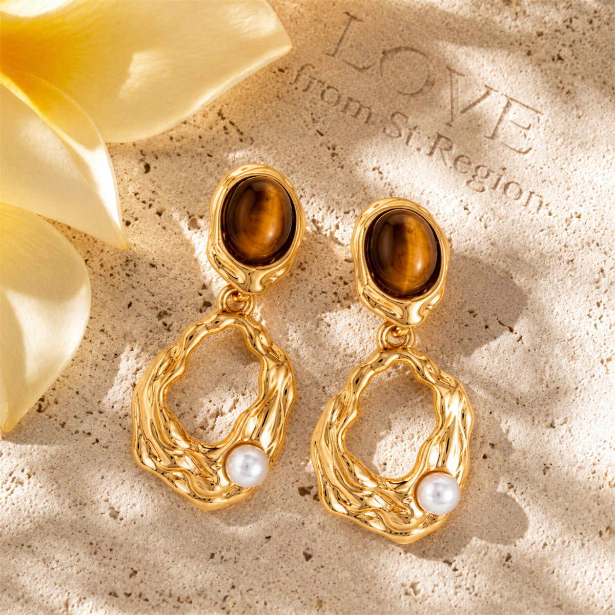 Tiger's Eye‌ & Pearl Goldtone Oval Open Geometric Dangle Earrings