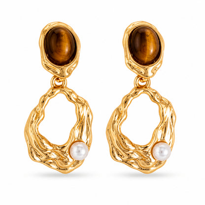 Tiger's Eye‌ & Pearl Goldtone Oval Open Geometric Dangle Earrings