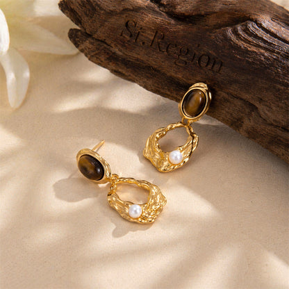 Tiger's Eye‌ & Pearl Goldtone Oval Open Geometric Dangle Earrings