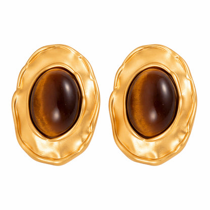 Tiger's Eye‌ & Goldtone Floral Edge Oval Stud Earrings