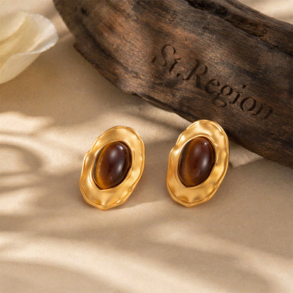 Tiger's Eye‌ & Goldtone Floral Edge Oval Stud Earrings