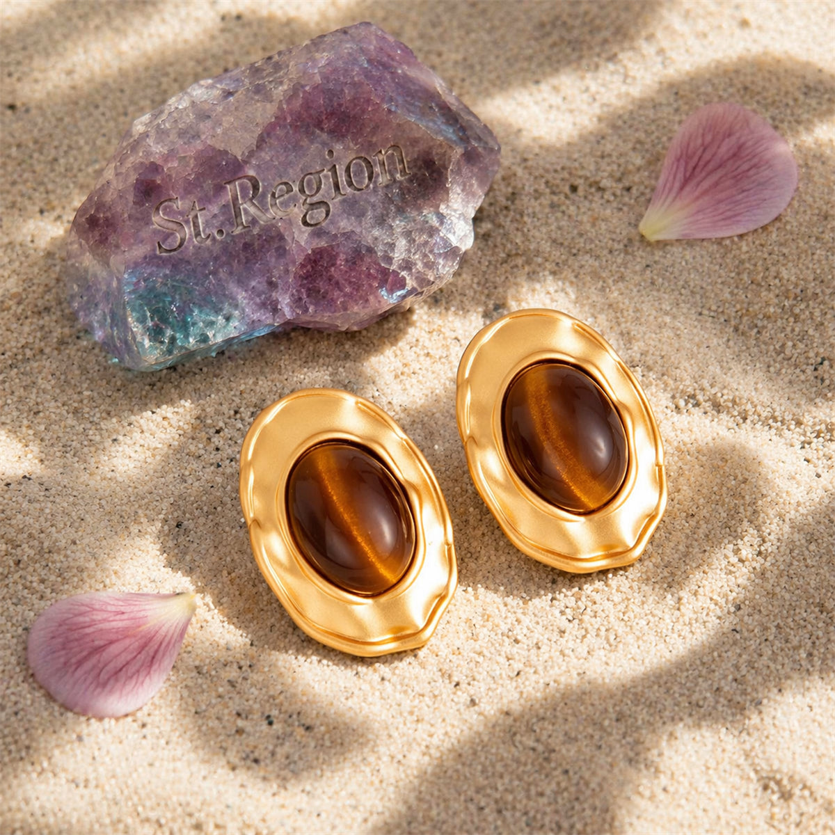 Tiger's Eye‌ & Goldtone Floral Edge Oval Stud Earrings