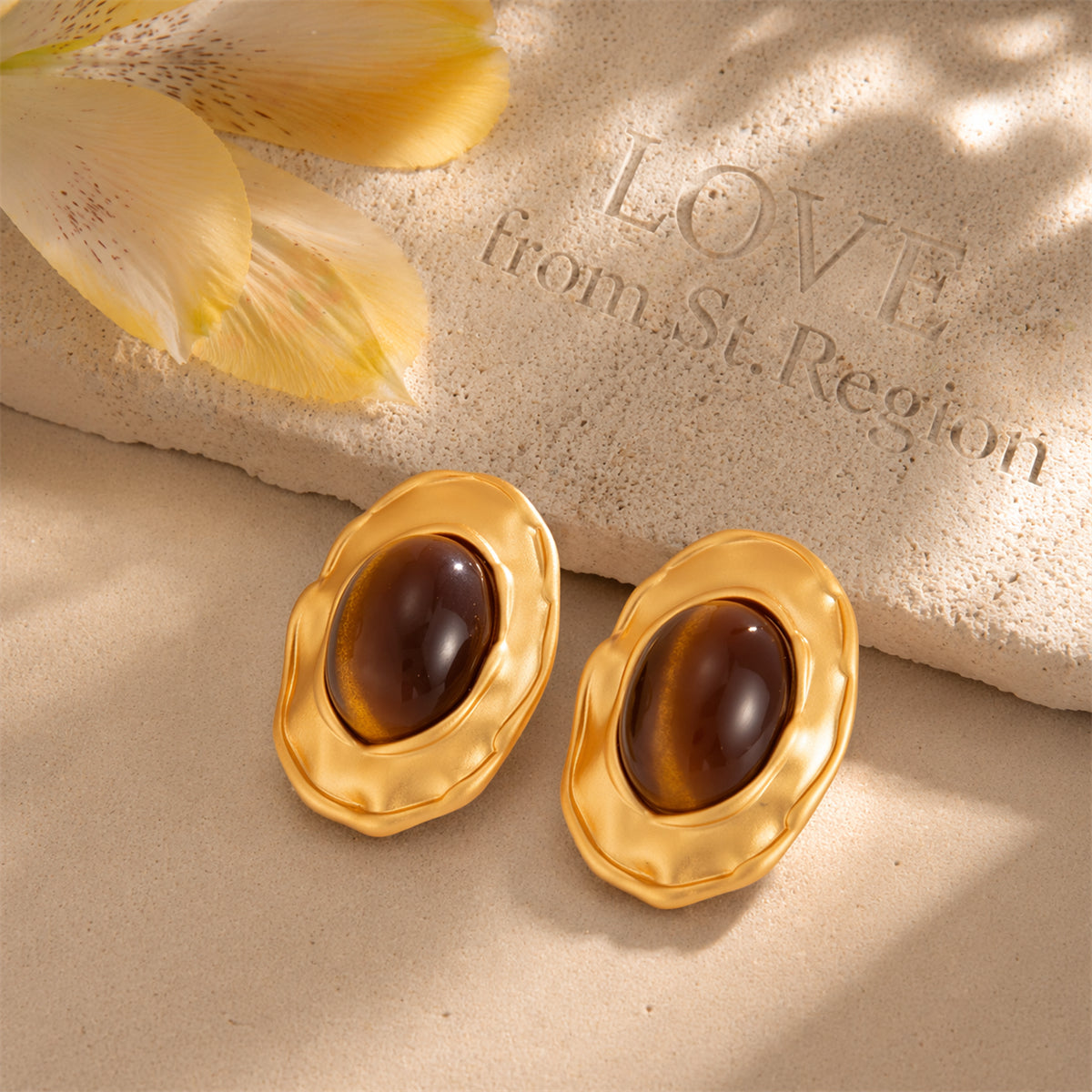 Tiger's Eye‌ & Goldtone Floral Edge Oval Stud Earrings