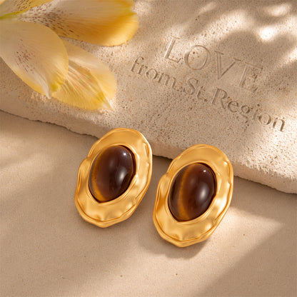 Tiger's Eye‌ & Goldtone Floral Edge Oval Stud Earrings