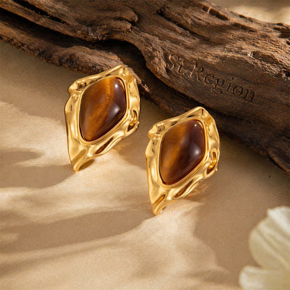 Tiger's Eye‌ & Goldtone Irregular Rhombus Stud Earrings