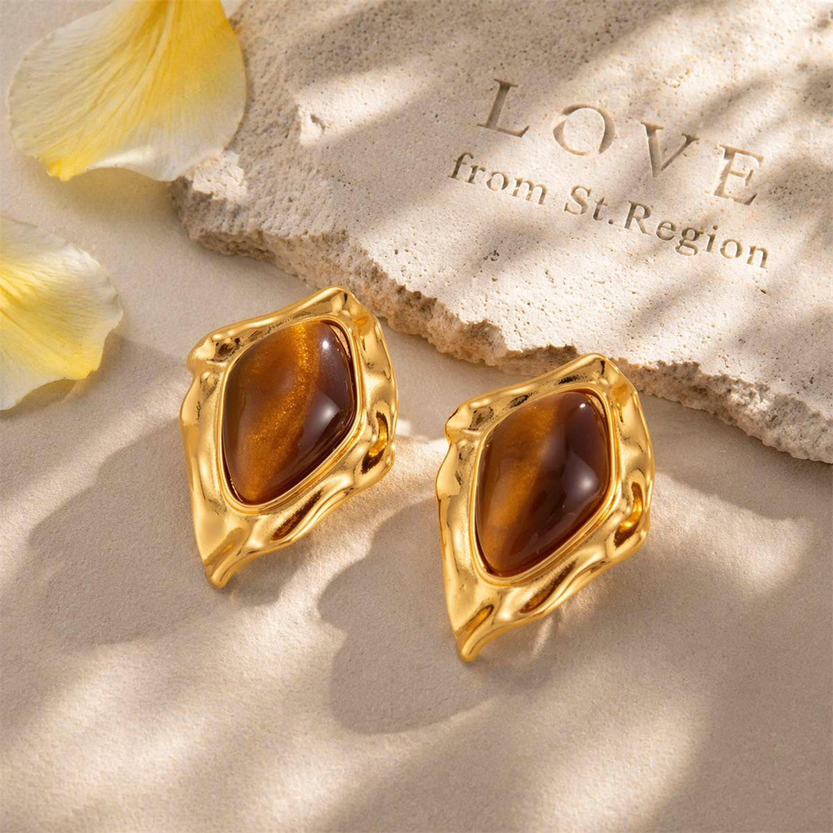 Tiger's Eye‌ & Goldtone Irregular Rhombus Stud Earrings