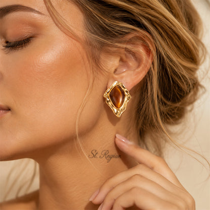 Tiger's Eye‌ & Goldtone Irregular Rhombus Stud Earrings