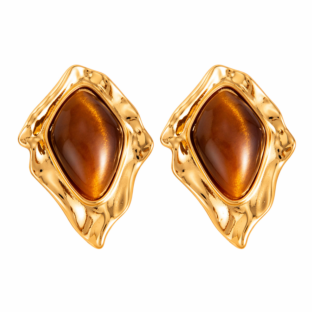 Tiger's Eye‌ & Goldtone Irregular Rhombus Stud Earrings
