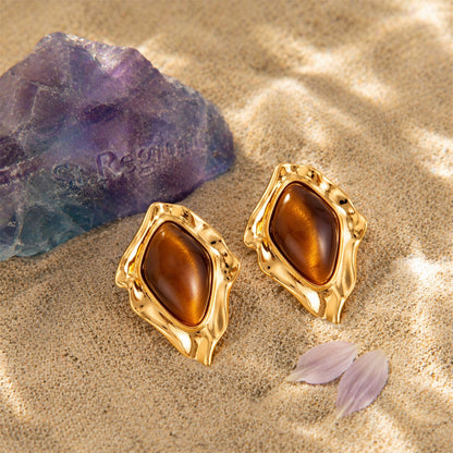 Tiger's Eye‌ & Goldtone Irregular Rhombus Stud Earrings