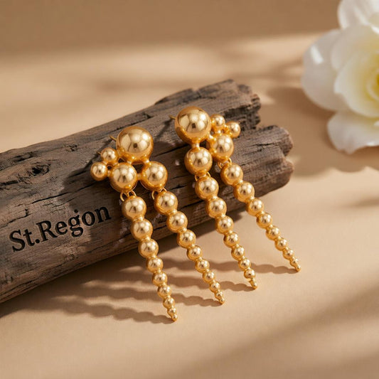 Goldtone Dual-Beaded-Chain Tassel Dangle Earrings, gold drop earrings for women, dainty minimalist design, front view