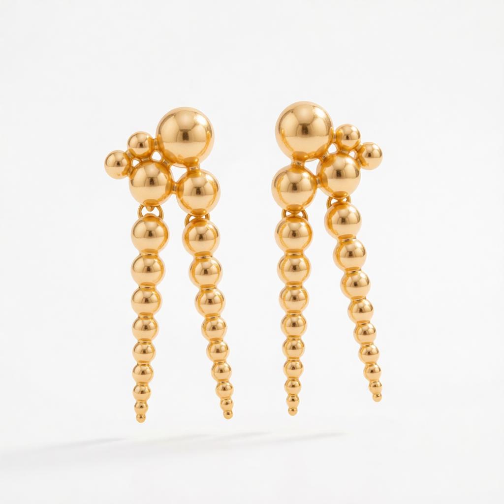 Goldtone Dual-Beaded-Chain Tassel Dangle Earrings, gold drop earrings for women, dainty minimalist design, side view