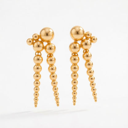 Goldtone Dual-Beaded-Chain Tassel Dangle Earrings, gold drop earrings for women, dainty minimalist design, side view