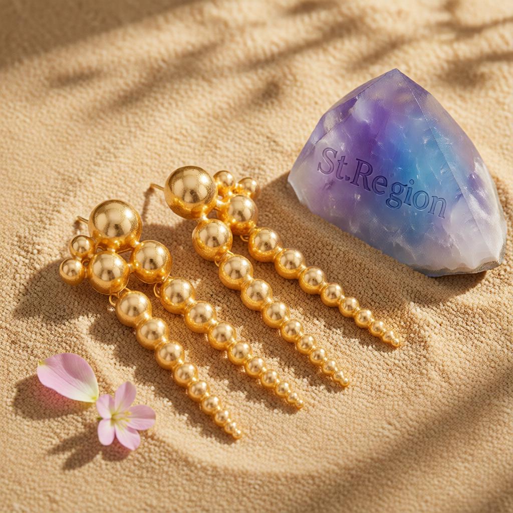 Goldtone Dual-Beaded-Chain Tassel Dangle Earrings, gold drop earrings for women, dainty minimalist design, detail close-up