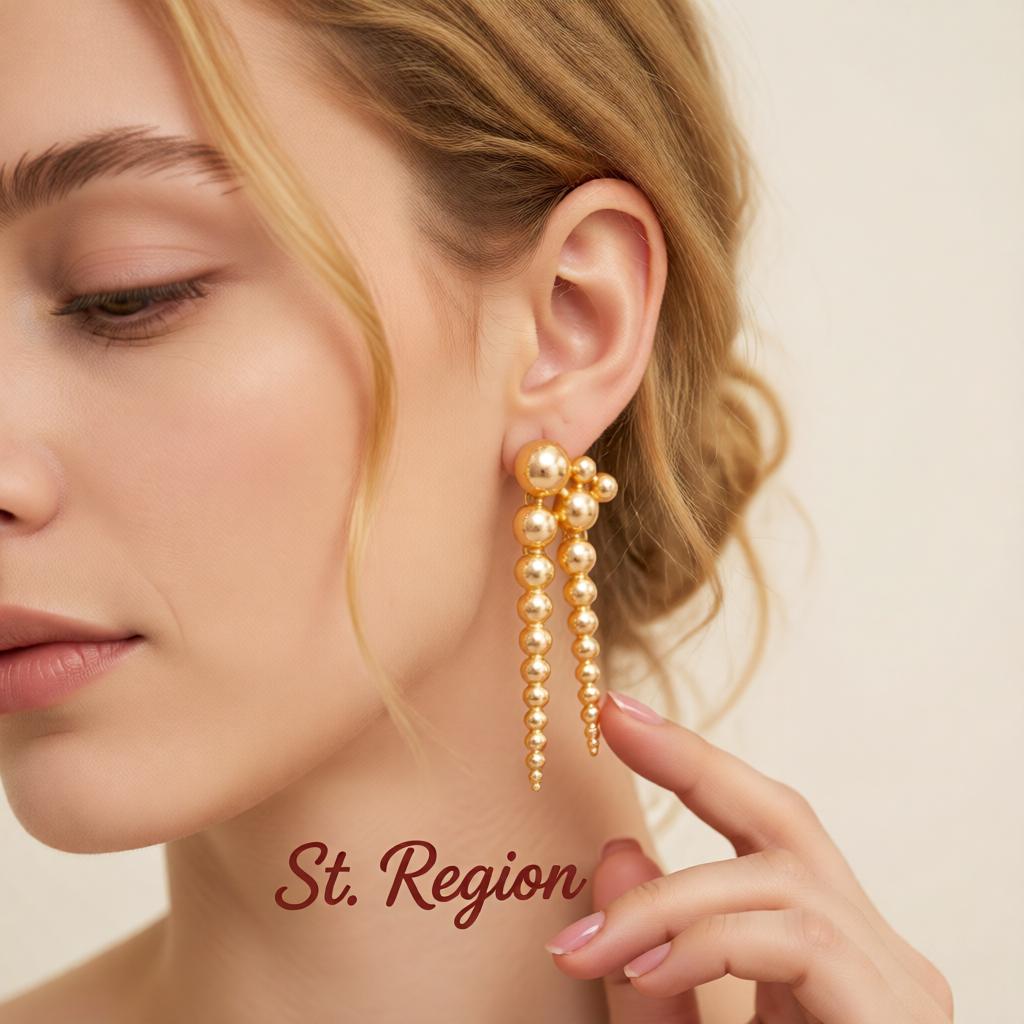 Goldtone Dual-Beaded-Chain Tassel Dangle Earrings, gold drop earrings for women, dainty minimalist design, styled look