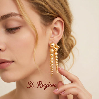 Goldtone Dual-Beaded-Chain Tassel Dangle Earrings, gold drop earrings for women, dainty minimalist design, styled look